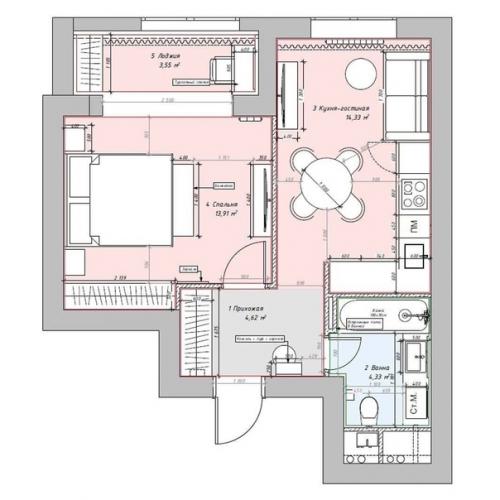 Квартира, в едином стиле и цветовой гамме, площадью - 42 кв. 08