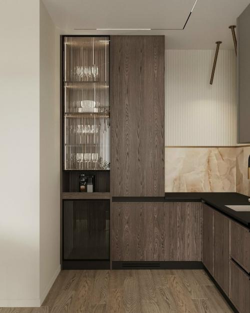 Лаконичная кухня - гостиная выстроена как спокойное, сбалансированное пространство, в котором нет ничего лишнего. 02