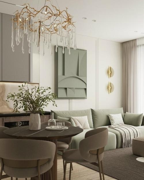 Лаконичная кухня - гостиная выстроена как спокойное, сбалансированное пространство, в котором нет ничего лишнего. 03