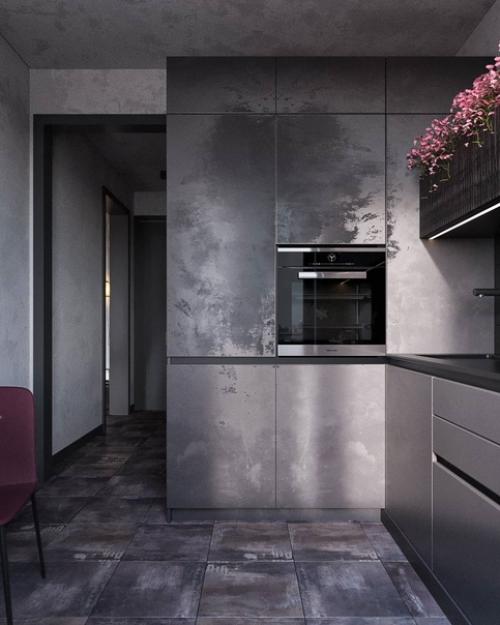 Черная кухня, отделка под бетон и металл, розовые акценты: однушка, которая способна вас поразить. 05