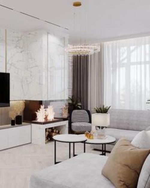 Кухня - гостиная с камином в загородном доме. 01