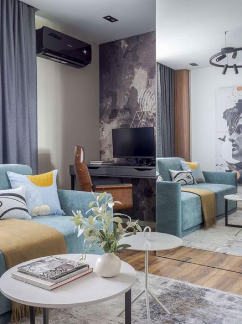 Оригинальная насыщенная палитра в дизайне двухкомнатной квартиры.