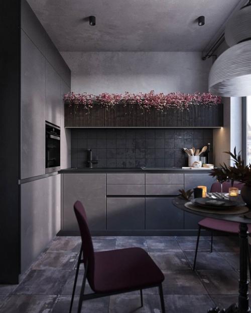 Черная кухня, отделка под бетон и металл, розовые акценты: однушка, которая способна вас поразить. 04