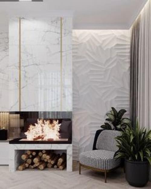 Кухня - гостиная с камином в загородном доме.