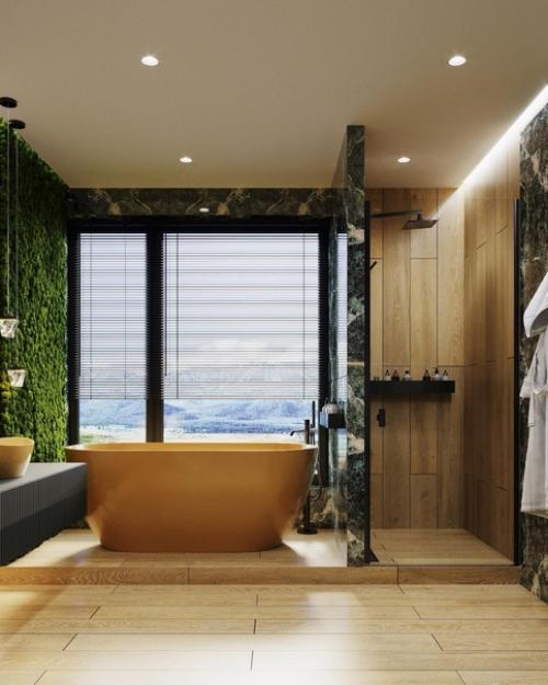 Тропическая ванная комната в загородном доме.