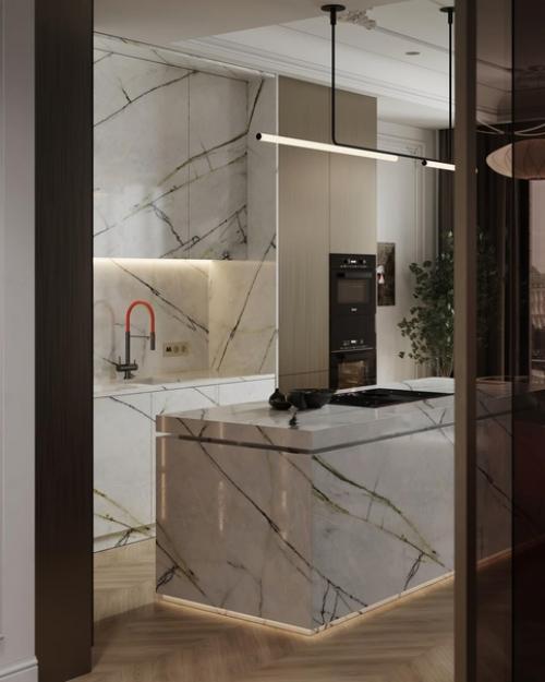 Кухня - гостиная.  Интерьер в стиле современная классика уносит в эпоху ренессанса. 02