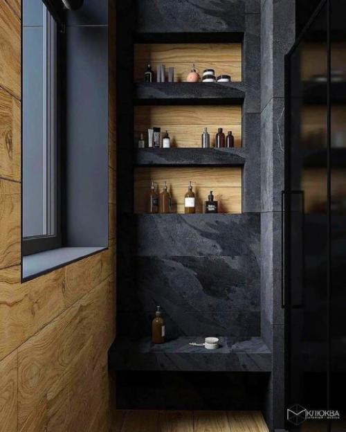Стильный интерьер ванной комнаты в темных оттенках из проекта загородного дома. 01