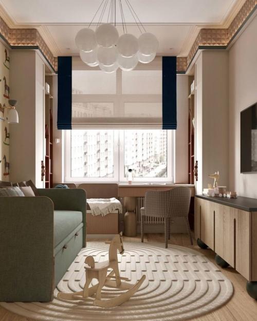 В детской комнате важно использовать светлые цвета и мягкие текстуры, чтобы создать приятное ощущение и убрать излишнюю яркость. 02