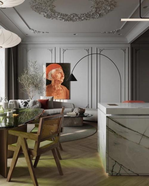 Кухня - гостиная.  Интерьер в стиле современная классика уносит в эпоху ренессанса. 03