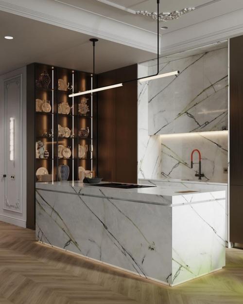 Кухня - гостиная.  Интерьер в стиле современная классика уносит в эпоху ренессанса. 01