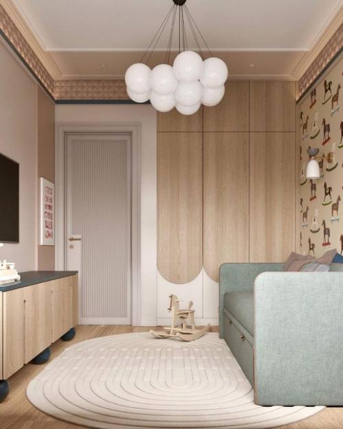 В детской комнате важно использовать светлые цвета и мягкие текстуры, чтобы создать приятное ощущение и убрать излишнюю яркость. 01