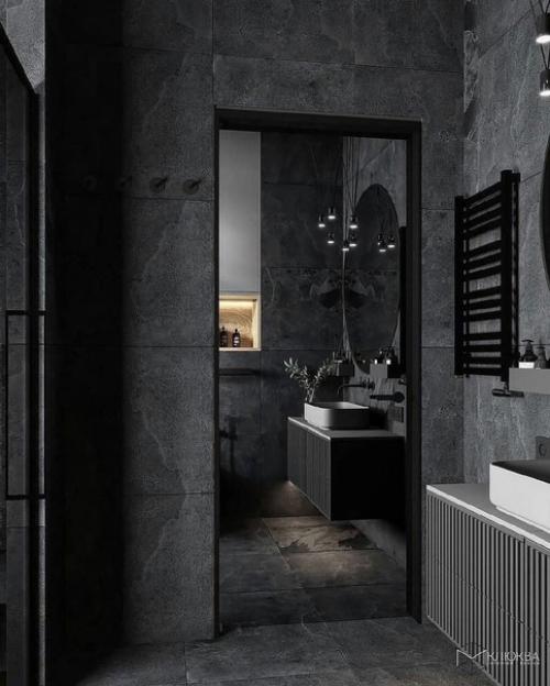 Стильный интерьер ванной комнаты в темных оттенках из проекта загородного дома. 06