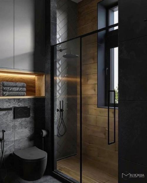 Стильный интерьер ванной комнаты в темных оттенках из проекта загородного дома. 03
