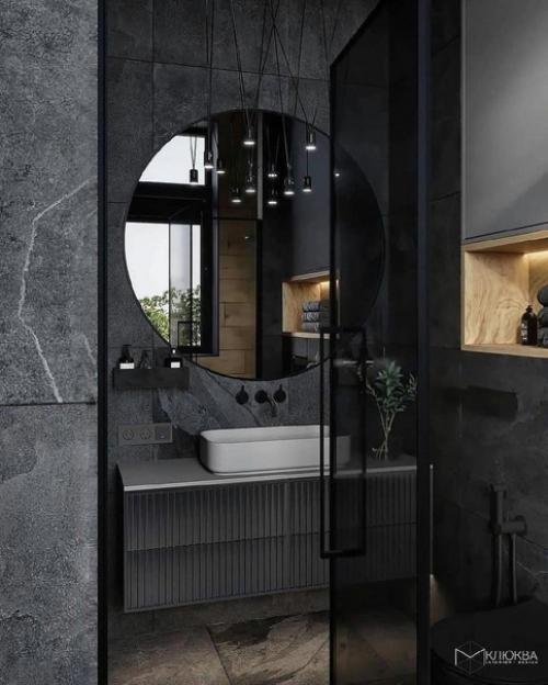 Стильный интерьер ванной комнаты в темных оттенках из проекта загородного дома. 05