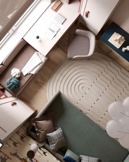 В детской комнате важно использовать светлые цвета и мягкие текстуры, чтобы создать приятное ощущение и убрать излишнюю яркость. 03