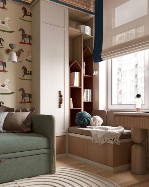 В детской комнате важно использовать светлые цвета и мягкие текстуры, чтобы создать приятное ощущение и убрать излишнюю яркость. 07