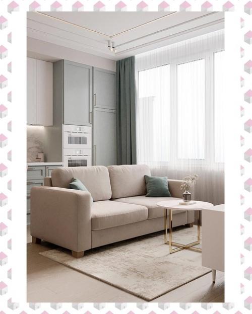 Кухня - гостиная в светлых тонах.