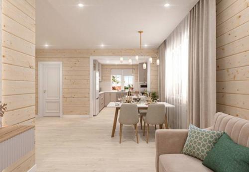 Светлая кухня - гостиная с бежевым кухонным гарнитуром. 04