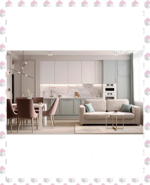 Кухня - гостиная в светлых тонах. 05