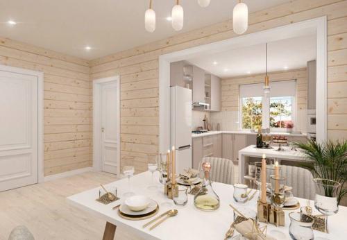 Светлая кухня - гостиная с бежевым кухонным гарнитуром. 06