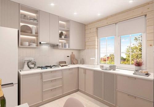 Светлая кухня - гостиная с бежевым кухонным гарнитуром. 01