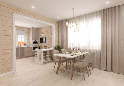 Светлая кухня - гостиная с бежевым кухонным гарнитуром. 05