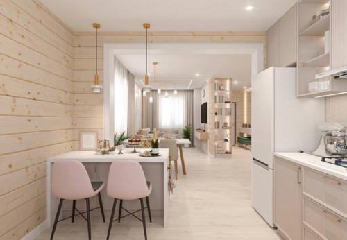 Светлая кухня - гостиная с бежевым кухонным гарнитуром. 03