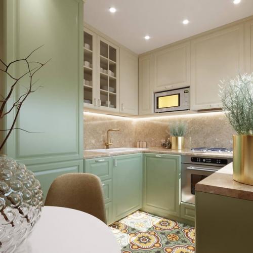 Интерьер кухни с гарнитурами разных оттенков верхнего и нижнего модулей шкафов. 01