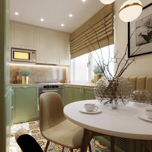 Интерьер кухни с гарнитурами разных оттенков верхнего и нижнего модулей шкафов. 03