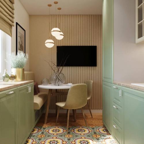 Интерьер кухни с гарнитурами разных оттенков верхнего и нижнего модулей шкафов. 04