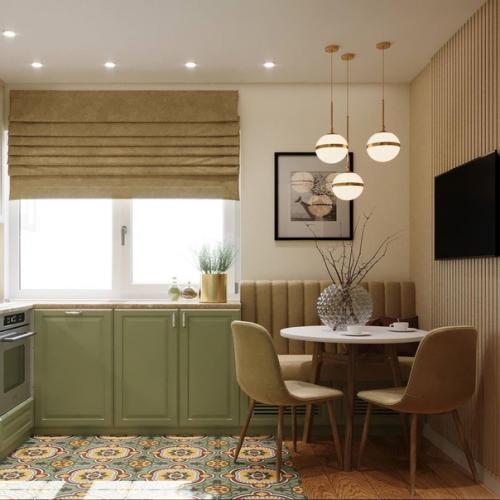 Интерьер кухни с гарнитурами разных оттенков верхнего и нижнего модулей шкафов.