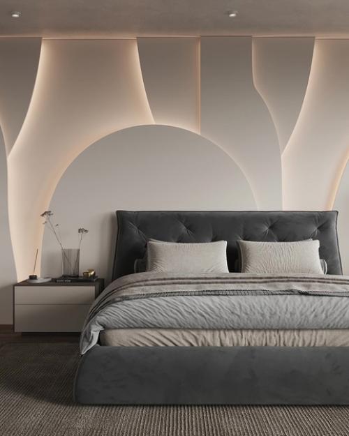 Повтор и ритм силуэтов - главный прием, характерный для этого проекта спальни.