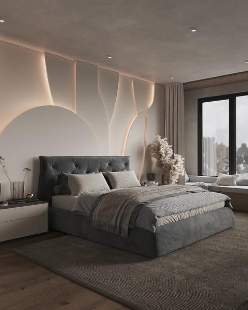 Повтор и ритм силуэтов - главный прием, характерный для этого проекта спальни. 02