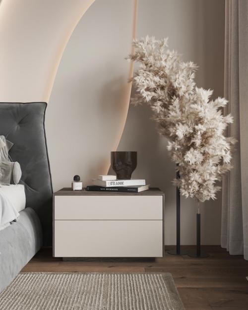 Повтор и ритм силуэтов - главный прием, характерный для этого проекта спальни. 01