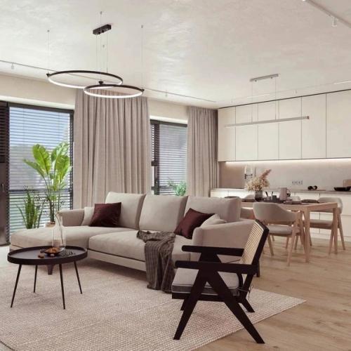 Интерьер кухни - гостиной в загородном доме.