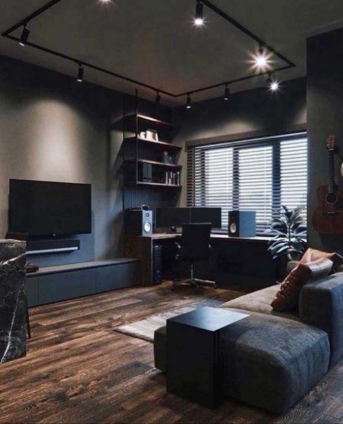 Квартира холостяка.  И подобный Тёмный интерьер может выглядеть брутально.