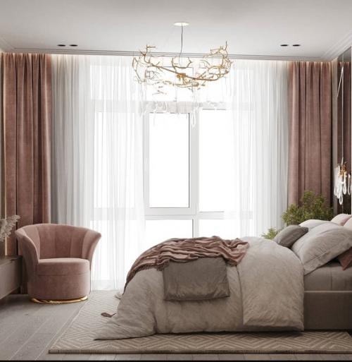 Роскошная спальня в пудровых тонах.