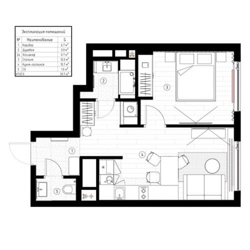 Квартира, площадью - 39, 7 кв. 09
