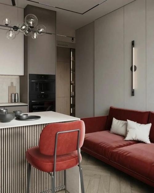 Кухня и коридор, оформленные в одном стиле.