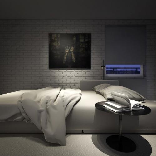 Кирпичные стены окрашены в серый цвет футон - кровати и постельные принадлежности того же цвета.