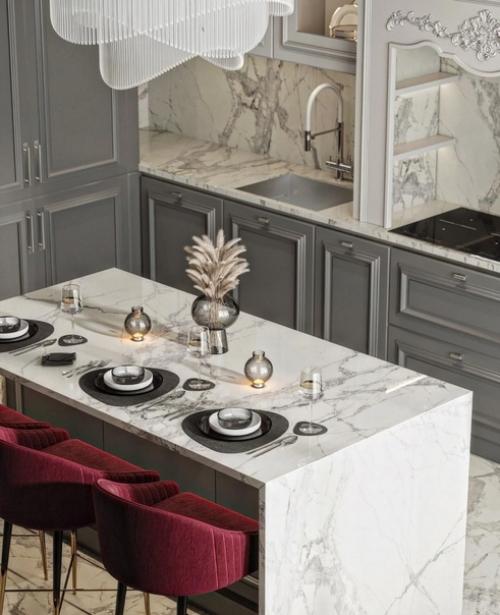 Стильная кухня - гостиная с малиновыми акцентами. 01