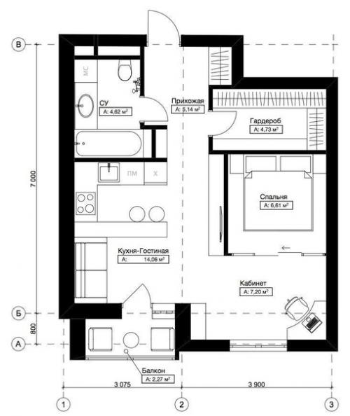 Проект квартиры - студии, площадью - 44 кв. 09