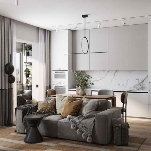 Квартира - студия с грамотным зонированием, пространство разделили на семь функциональных зон. 02