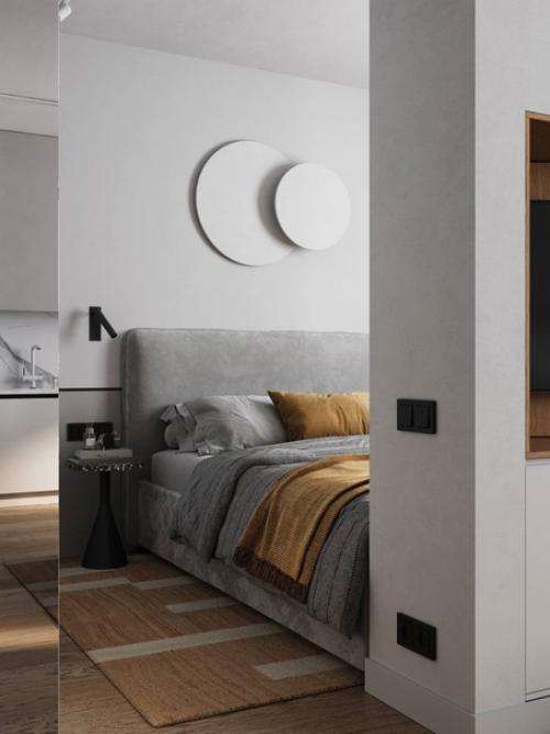 Квартира - студия с грамотным зонированием, пространство разделили на семь функциональных зон. 03