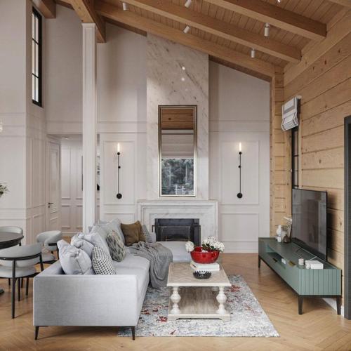 Кухня - гостиная в доме из клеёного бруса.