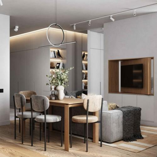 Квартира - студия с грамотным зонированием, пространство разделили на семь функциональных зон. 01