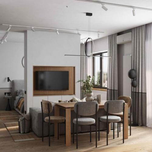 Квартира - студия с грамотным зонированием, пространство разделили на семь функциональных зон.