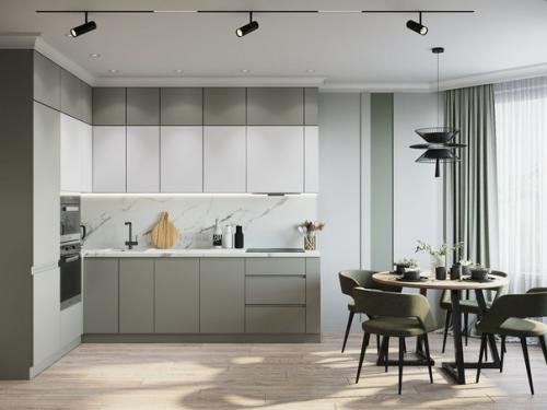 Стильная кухня. Сочетание оттенков зеленого с нейтральными серым и белым благотворно сказывается на нервной системе.