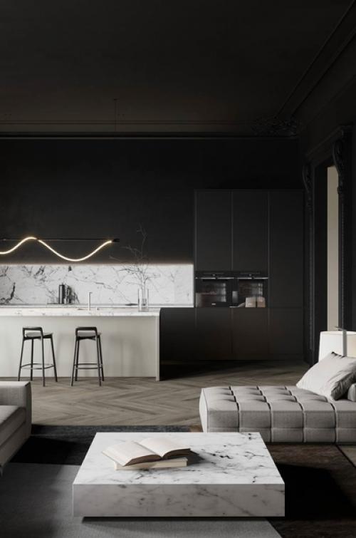 Черно-белая палитра элегантный и изысканный образ помещения создает.