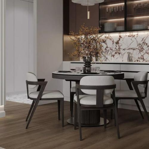 За счет разных фактур и материалов, интерьер этой кухни - гостиной выглядит максимально оригинально и нестандартно. 01